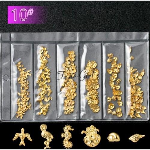 Mixed shape gold metal 3D nail art decorations shell seahorse mermaid jellyfish studs charms glitter nails Accessories