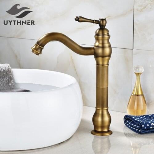 Uythner Antique Brass Swivel Spout Bathroom Bain Sink Faucet Hot and Cold Water Faucet Basin Mixer Tap Deck Mounted