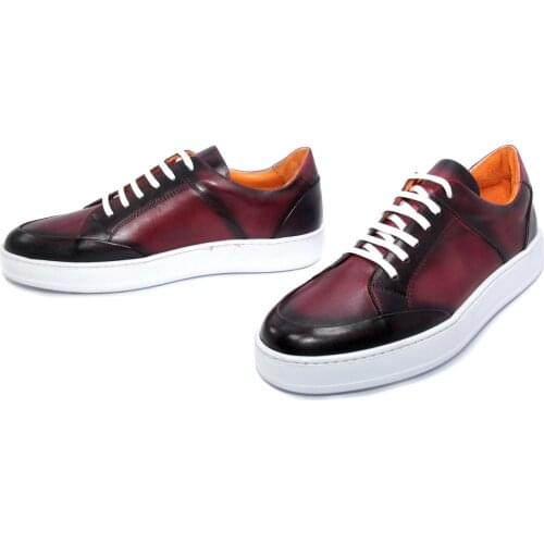 Handmade Burgundy Sport Sneakers, Hand Dyed Gradient Color, Natural Calf Skin Leather, Mens Casual Lightweight Fashion Shoes