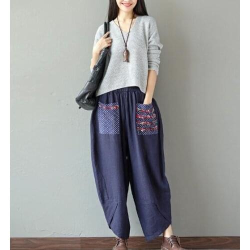 1pcs/lot Summer Casual Loose Long Trouser Women Elastic Waist Retro Print Linen Cotton Harem Pants