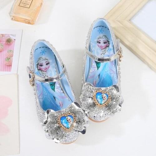 Disney girls sandals summer new childrens crystal high-heeled frozen princess shoes little girl bow shoes elsa party school