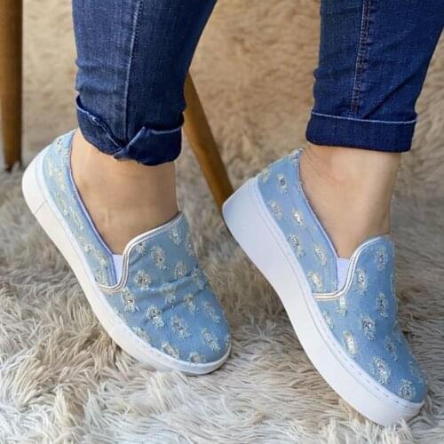 Summer Womens Platform Canvas Slip On Jeans Claro Cut Female Casual Shoes Fashion Leopard Flat Big Size Womens Sneakers