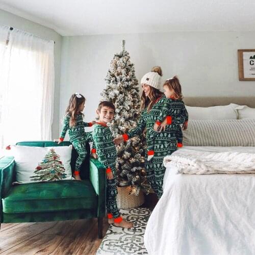 Elegant Women Christmas Day Print Green Family Pajamas Autumn Winter New Casual O-neck T-shirt+Long Pant 2 piece Set Sleepwear
