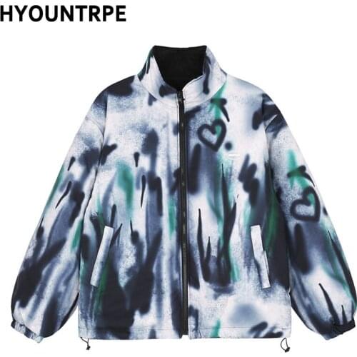 Mens Hip Hop Jacket Parkas Graffiti Print Reversible Windbreaker Harajuku Cotton Padded Jackets and Coats Streetwear Outerwear
