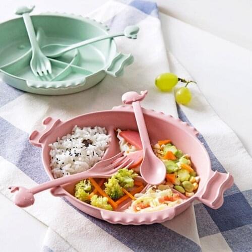 Rice Bowl Salad Tray Lunch Box With Fork Spoon Set Wheat Straw Cartoon Fish Shape Bowl Colorful Cutlery Children Plate 3 pcs/set