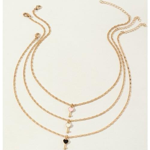 Fashion Metal Geometric Necklaces Womens Vintage Link Chain Alloy Small Love key multilayer Pendant Necklaces Jewelry for Girls