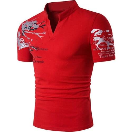 Men Summer Tops Letter Print Stand Collar V Neck Short Sleeve T-Shirt Fashion Top костюм мужской 2021 Mens Clothing