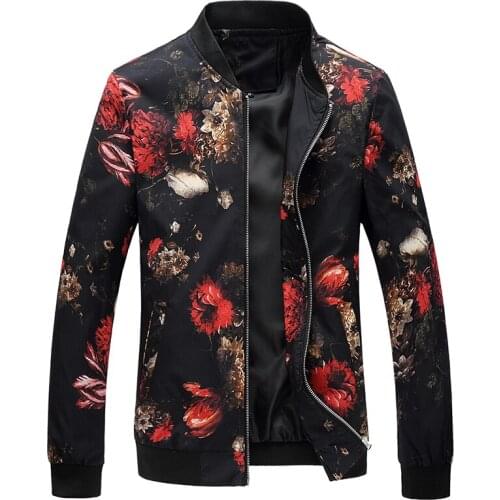 2019 Spring Autumn Bomber Jacket Men Floral Printed Fashion Slim Fit Mens Casual Jackets Long Sleeve Mens Windbreaker Coat Male