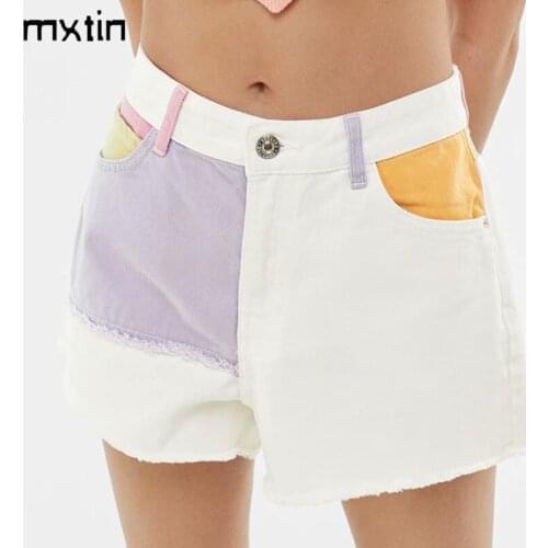 MXTIN 2021 Women Summer Fashion Color Patchwork Shorts Vintage High Waist Zipper Pockets Female Casual Streetwear Short Pants