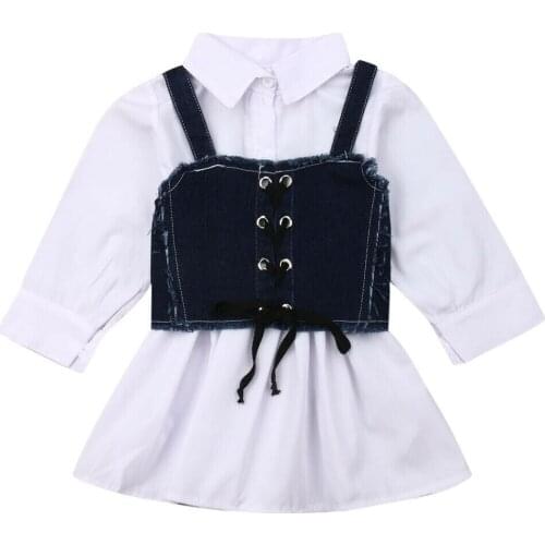Newborn Baby Girls Long Sleeve Sling Shirt Denim Skirt Dress Sunsuit Clothes Long Sleeve Sling Shirt Denim Skirt Dress