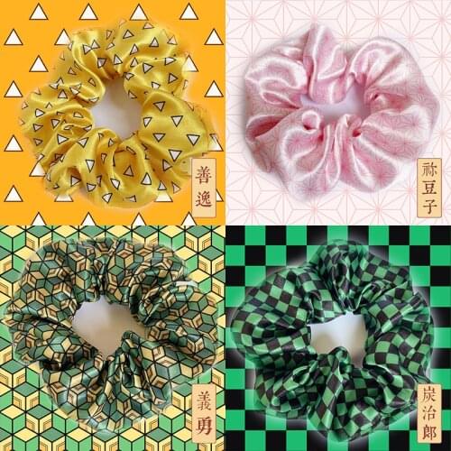 Demon Slayer Kimetsu no Yaiba Ties Scrunchies Kamado Tanjirou Nezuko Agatsuma Zenitsu Solid Floral Elastic Rubber Bands Headband