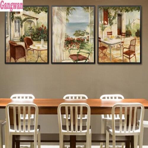 Retro Seaside Garden Dining Table 5d diy 3 pcs diamond painting Patterns Cross Stitch Full Round diamond embroidery wall decor