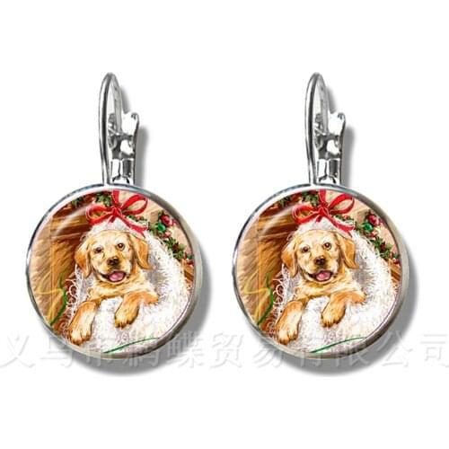 Christmas Dog Pattern Stud Earring 16mm Glass Dome DIY Charm Earrings For Women Girls Wonderful Xmas Gift