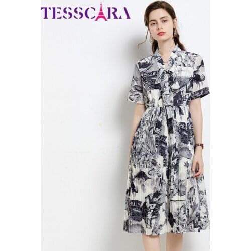 TESSCARA Women Summer Elegant Pleated Dress Festa Female High Quality Long Office Lady Party Robe Femme Runway Designer Vestidos