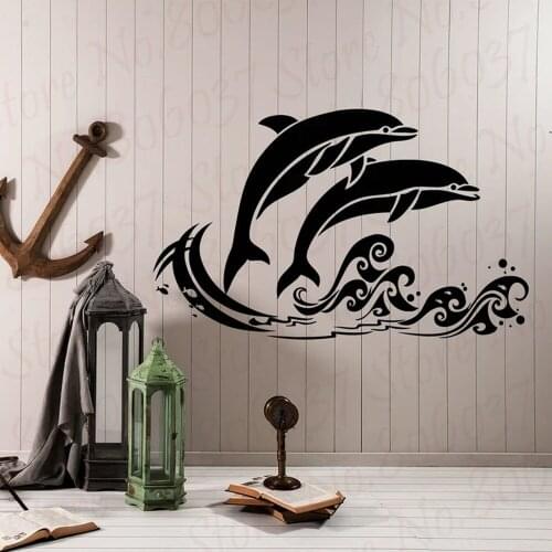 Vinyl Wall Decal Sea Waves Fish Dolphins Nautical Style Cartoon Bathroom Decor Stickers WL1544