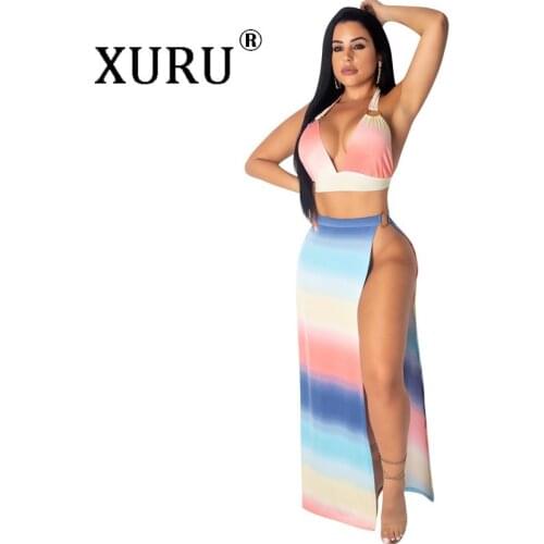 XURU Europe and America sexy print dress two-piece summer new best selling womens irregular dress two-piece