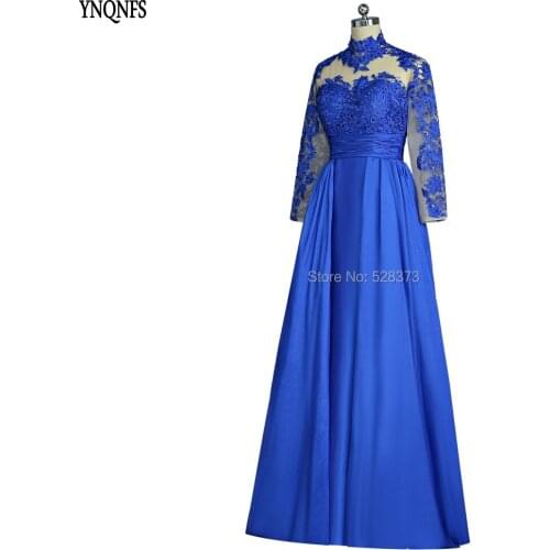 YNQNFS MD146 Real Pictures Taffeta High Neck Long Sleeves Open Back Royal Blue Mother of the Bride/Groom Dresses Outfits 2019