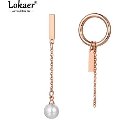 Lokaer Trendy Stainless Steel Pearl Asymmetry Dangle Earrings Bohemia Simulated Pearl Chain Link Drop Earrings For Women E20058