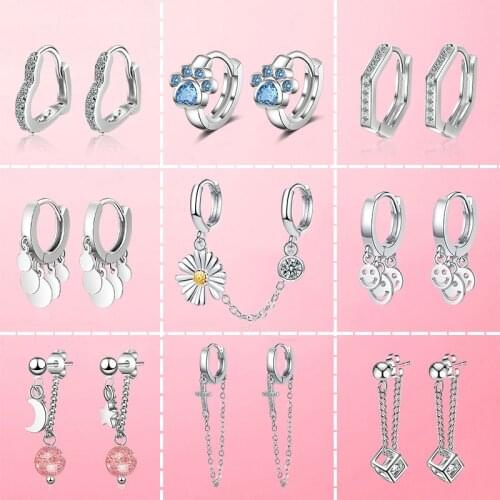 Original 925 Sterling Silver Paw Daisy Heart Earring Star & Moon Two Ear Hole Pierce Hoop Earrings Chain For Lady Grils Jewelry