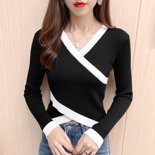 Casual V-Neck Jumpers Fall Clothes For Women 2021 Winter Knitted Crop Sweater Long Sleeve Woman Sweaters Black Pull Femme Hiver