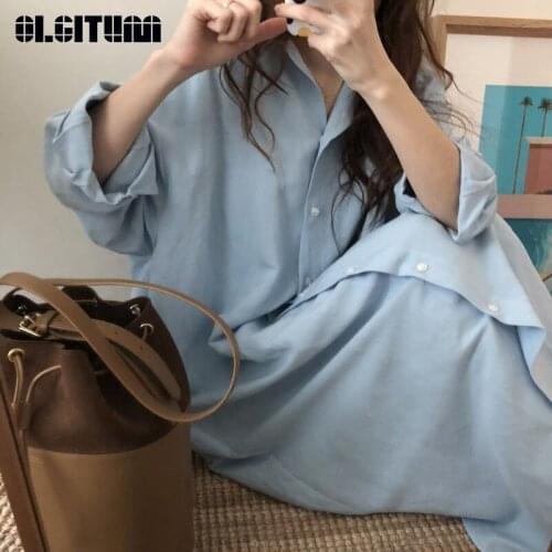 2020 Spring Summer Korea Chic Lazy Wind Simple Basic Models Comfortable Long Over Knee jacket Female Shirt Dress DR1011