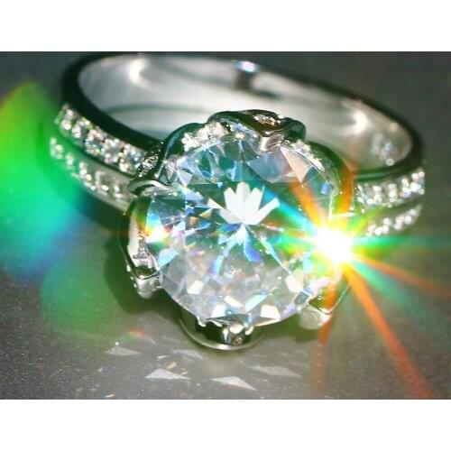 Real 100% s925 Sterling Silver Lotus flower Ring Round 2ct Simulated Diamond Platinum wedding ring for Women Jewelry size 5-10