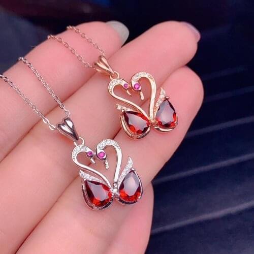 Elegant romantic Double swans Natural red garnet necklace pendant S925 silver natural gemstone pendant girl party gift jewelry