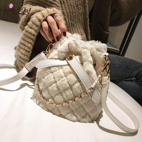 HISUELY Winter Faux Fur Women Bucket Bags Small Plush Shoulder Bag Casual Lady Handbag Fashion Shopping Bag Travel Female Purse