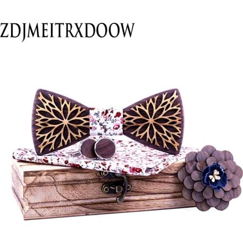 Double layer Wooden Bow Tie Mens Cotton Floral wood decoration Bowtie Set Business CuffLinks for Wedding corbatas para hombre