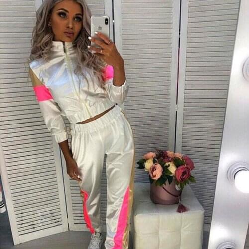 Fashion Reflection Top and Pants Casual Sport Suit Two Piece Set Tracksuits Womens Suit Autumn Loose for Sportswear Sports Suit