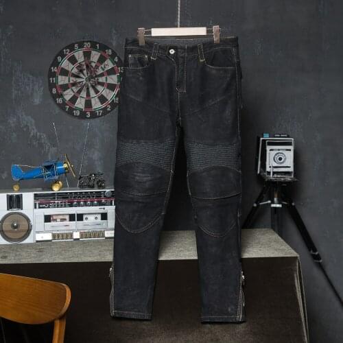 Motorcycle Pant Men Leather Trousers Natural Goatskin & Denim Mens Pants Protectors Asian Size Wholesale Drop Shipping
