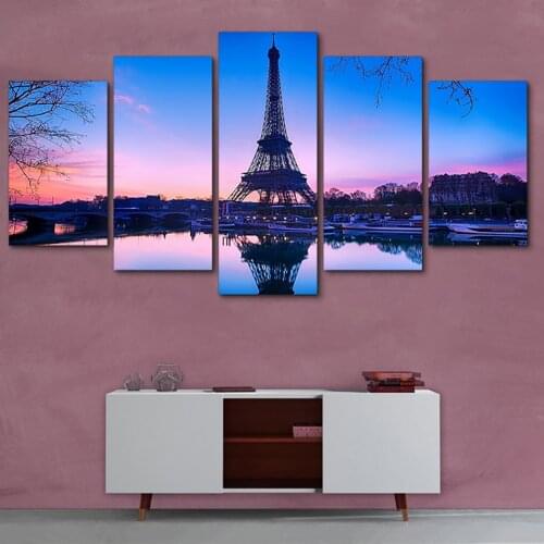 Wall Art Living Room Printed Modern HD Framework 5 Panel Dusk Eiffel Tower Landscape Home Decor Canvas Painting Poster Pictures