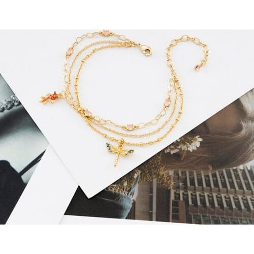 Jaeeyin 2021 New Arrivals Bracelet ,3D Dragonfly Goldfish Pendant Enamel Red Green Heart Chain 3 Links Adjustable Gold Color