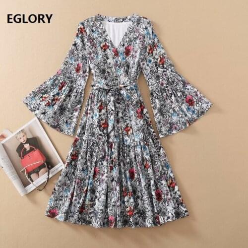 New Korean Style Dress 2021 Spring Women V-Neck Charming Floral Print Belt Deco Flare Sleeve Large Swing Casual Party Lady Dress