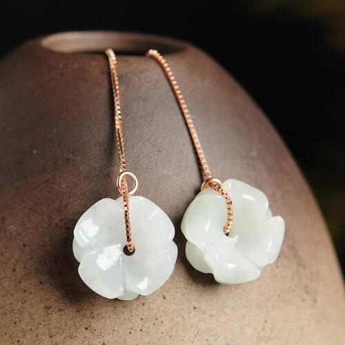 Original 925 silver inlaid natural A cargo jade flower earrings authentic Myanmar jade womens floral earrings