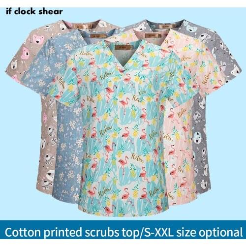 Cartoon printing scrubs tops pet grooming work uniforms beauty salon workwear cotton health service costume women lab coat new