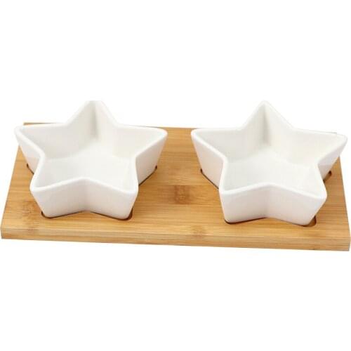 Creative Ceramic Fruit Snack Plate Star Shape Condiment Dish Bowl Ceramic Compartments Dry Fruit Nut Candy Tray With Bamboo Base