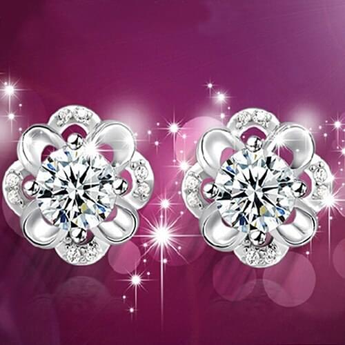 Ladies Fashion Silver Plated Rhinestone Inlaid Hollow Flower Ear Studs Earrings