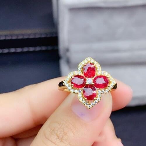 Trendy 100% 925 Sterling Silver Rings Flowers Natural Ruby Created Moissanite Party 18K Yellow Gold Ring For Women Fine Jewelry