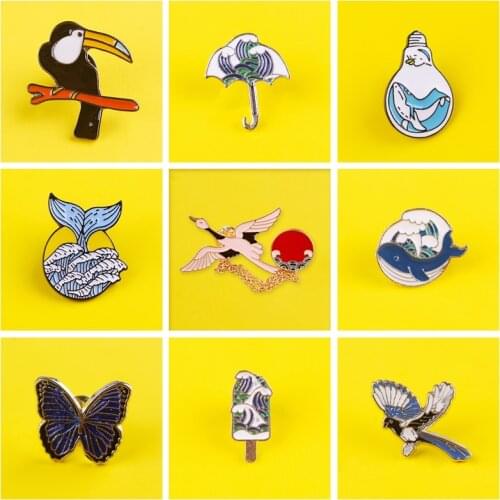 Bird Brooches Ocean Sea Wave Badges on Backpack Badges for Clothes Fish Enamel Pins for Backpacks Clothes Lapel Pin Badge Decor