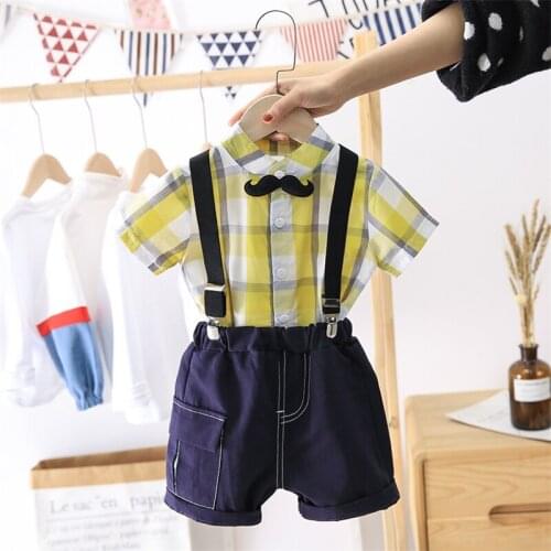 Kid summer Children Cotton Clothes Baby Boys plaid Print T Shirts Coat Bib Pants 2Pcs/sets Infant Kids Fashion Toddler Tracksuit