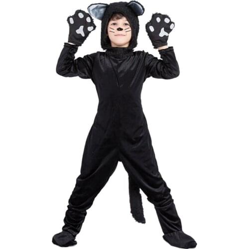 Kids Black Cat Costume Little Kitten Cosplay Pajamas Animal Onesie Fancy Dress Jumpsuit with Headwear Stage Costumes