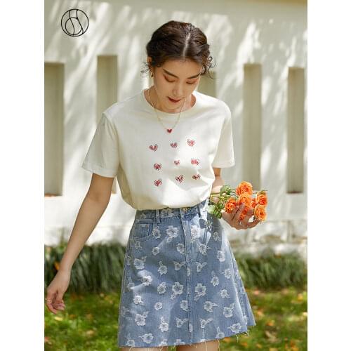 DUSHU Office Lady 100% Cotton White Love Print Short Sleeve T-shirt 2021 Summer New Round Neck Short Sleeve T-shirt