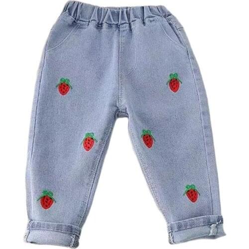 Jeans for Kids Girls Trousers Autumn 2021 New Spring Fashion Casual Strawberry Embroidery Baby for Girl Denim Long Pants 2-6y