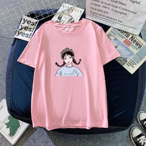 2021 Summer Cute Girl Print T-shirt O-neck Short Sleeve Elastic Tshirts Casual Tees Harajuku Tops Womens Clothing Graphic Tee