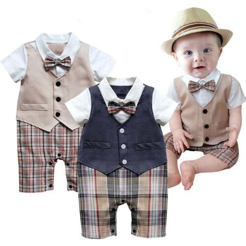 Summer Newborn Baby Boy Short Sleeve Cotton Romper Kid Boy Clothing Set Gentleman Plaid Rompers Baby Clothes Set