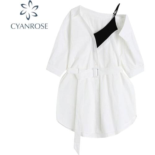 Design Mini Dress Summer Short Sleeves Women Irregularity Vocation Style Elegant Sexy V-Neck High Waist Loose White Shirtdress