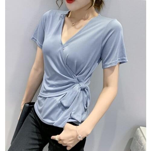 #6119 Blue Black Pink Casual T Shirt Woemn Short Sleeve Stretch Irregular T-Shirt Femme Solid V Neck Slim Summer Top Female Sexy