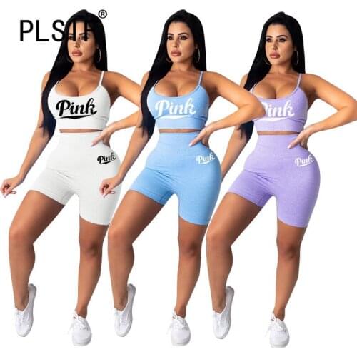 Pink Letter Print Women Set Two 2 Piece Sets Active Tracksuit Sporty Summer Outfits Casual Suit