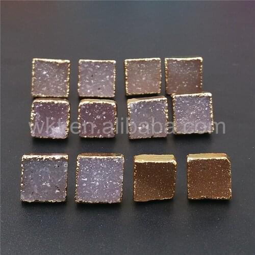 WT-E273 Charm Square Stone Earrings for Jewelry Gift 24k Gold Electroplated 10mm Square Druzy At gate Stone Raw Colors Wholesale